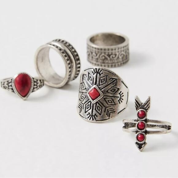 Free People Jewelry - Free People Count Your Lucky Stars Ring Set in Silver Red Western Bohemian